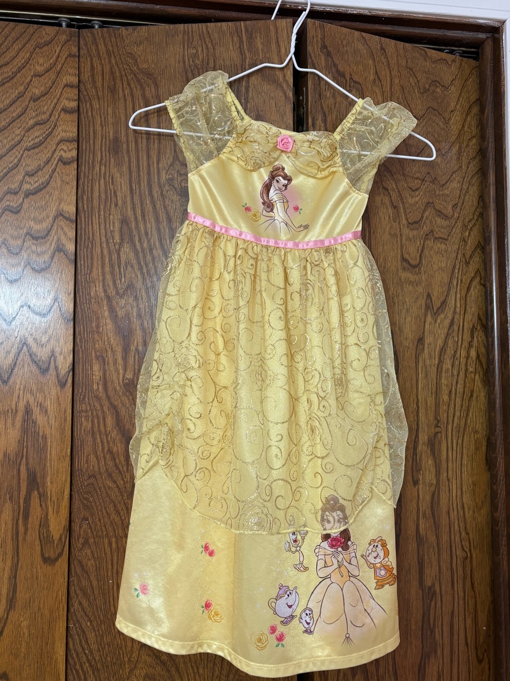 Disney Belle Yellow Princess Dress with Pink Ribbon & Rose Accent